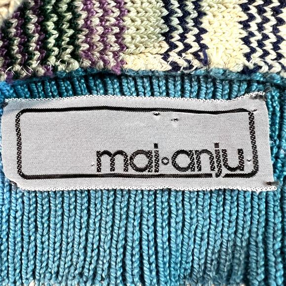 Mai-Anju Open Cardigan Sweater Women's XS/Small* Blue Tan Shawl Neck Cottage VTG - Picture 3 of 10